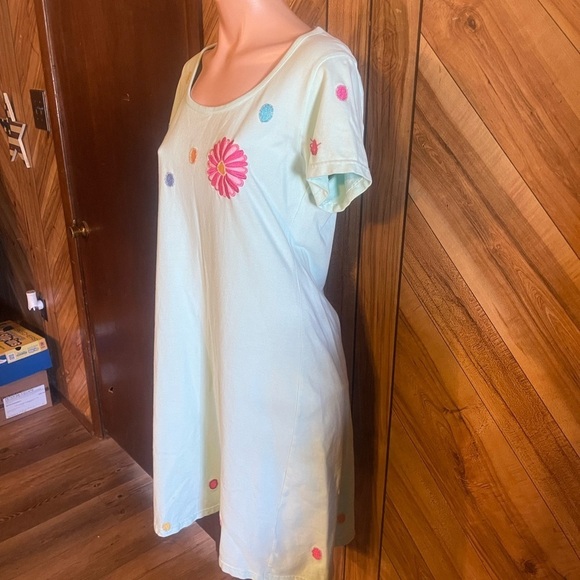 Vintage 90s Michael Simon Lite Medium Beaded T-Shirt Dress Turquoise Floral Midi - Picture 7 of 12